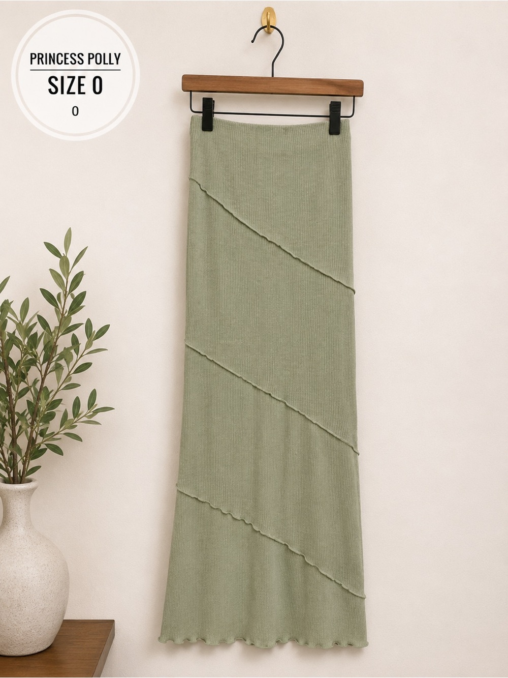 Princess Polly Sage Green Ribbed Maxi Skirt with Diagonal Seams